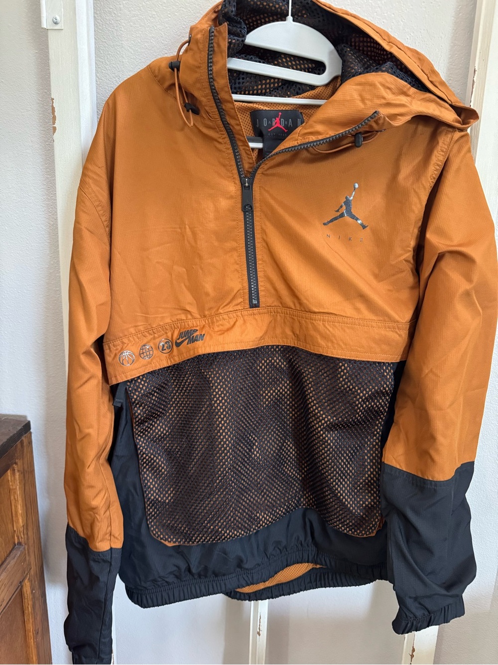 Jordan Two-Tone Hooded Windbreaker in Rust and Black